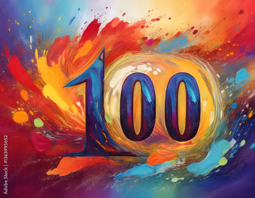 Poster the number 100 is painted in bold, textured strokes with vibrant colors, creating a dynamic abstract