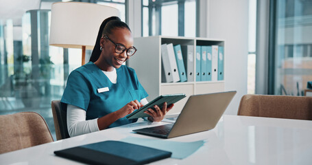 Black woman, doctor and scroll on tablet in office of xray study, lab results and schedule update. Person, online or search for radiology information, medical report and review scan of treatment plan