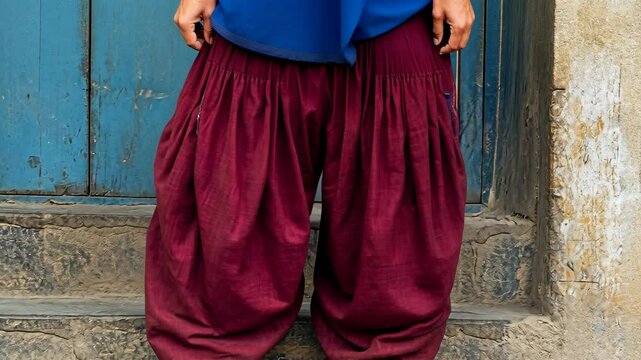 Traditional attire showcasing vibrant maroon harem pants against a rustic blue door in a lively urban setting