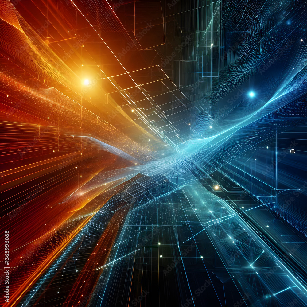 Poster a dynamic composition splits into warm orange and cool blue halves, with glowing lines and geometric