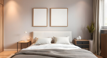 Fototapeta premium Minimalist Bedroom: Platform Bed with Hanging Light.