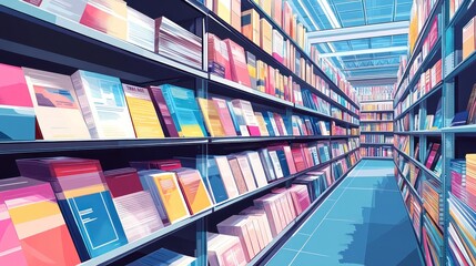Bookstore aisle, colorful bookshelves, spacious interior, sunny day, stock photo