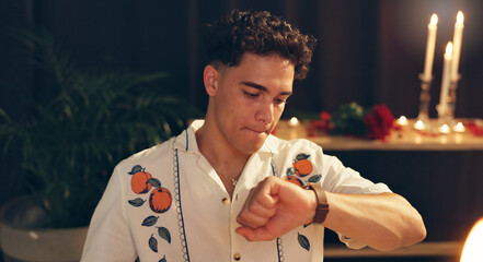 Romance, waiting and man with watch, restaurant or late dinner date, impatient or valentines day....