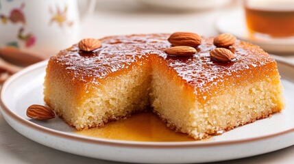 Delicious almond cake with caramel glaze, a slice removed, showing moist texture.