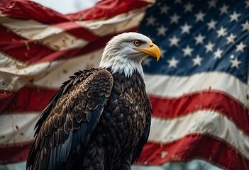 Naklejka premium Bald eagle perched proudly against the backdrop of a waving american flag in patriotic display