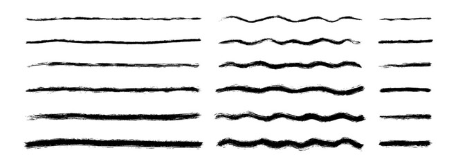 Obraz premium Straight and wavy paint line set. Thin to thick sketch brush stroke collection. Rough charcoal curved stripes for highlight, underline, emphasis. Vector hand drawn long and short crayon chalk strips
