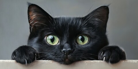 Curious black cat peeking over a ledge with captivating green eyes on a soft gray background
