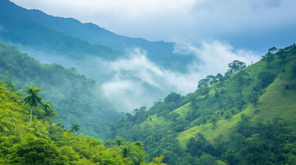 Obraz premium misty tropical rainforest with lush green hills and dense foliage