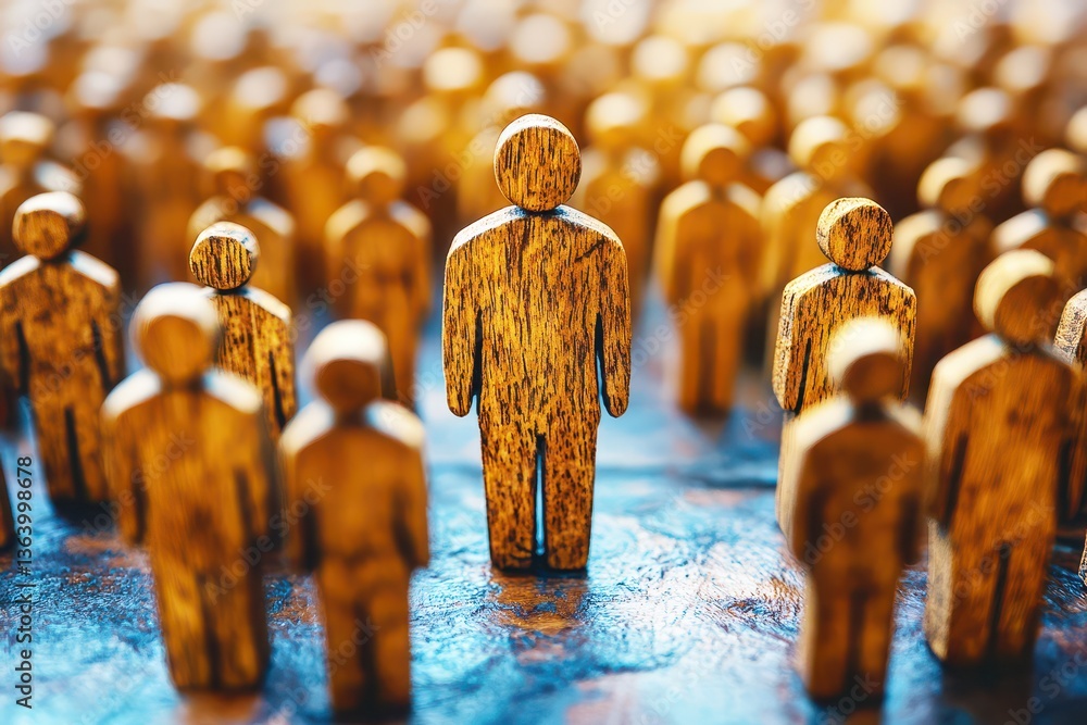 Poster wooden figures standing together in a crowd with one distinctively positioned in the foreground show