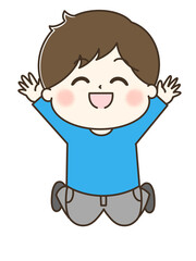 万歳してジャンプする笑顔の男の子の全身ゆるかわイラスト