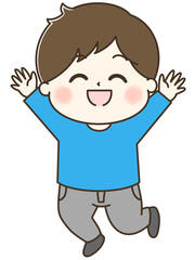 万歳して少しジャンプする笑顔の男の子の全身ゆるかわイラスト