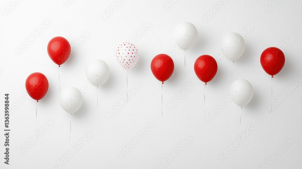 Poster elegantly arranged red and white balloons floating in a minimalist serene white space creating a cel