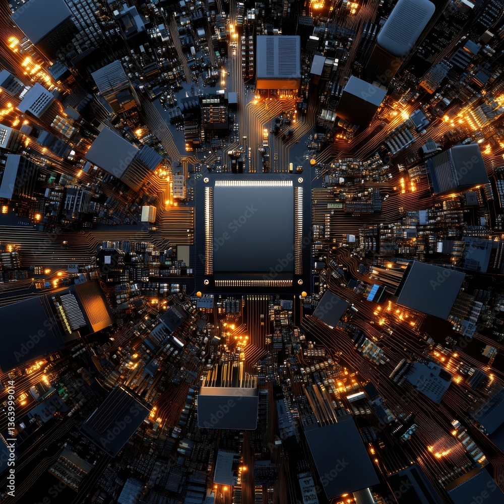 Aufkleber a computer chip is surrounded by a cityscape