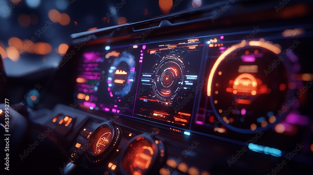 Aufkleber futuristic car dashboard with glowing digital display panels showing data
