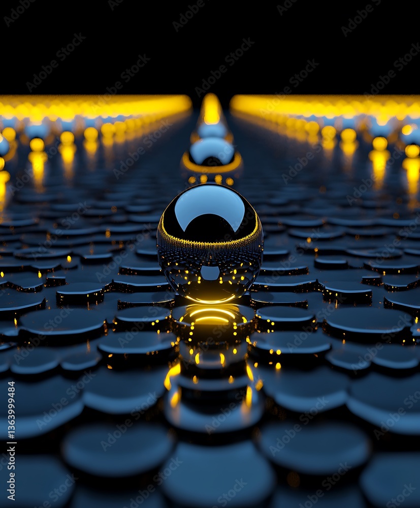 Poster spherical objects arranged in a reflective and illuminated abstract composition