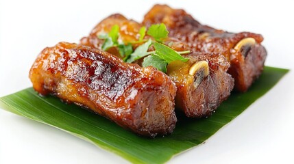 Three glazed pork ribs on a banana leaf.