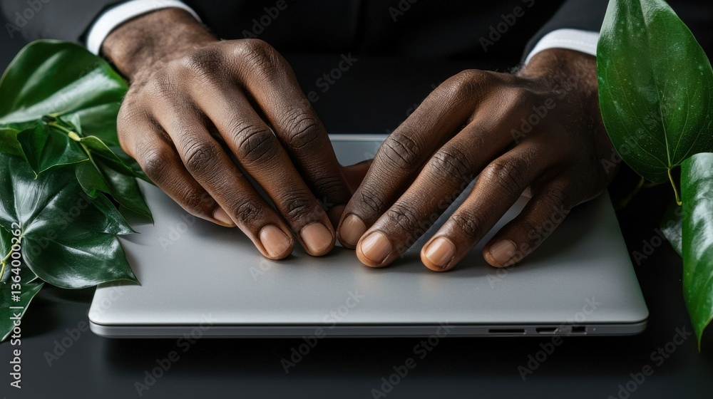 Aufkleber a man is typing on a laptop with his hands on the keyboard