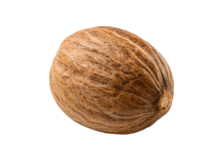Single nutmeg spice cutout, transparent PNG, isolated on white, ideal for digital graphics, culinary design, or recipe illustrations