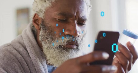 Elderly man using smartphone with digital data animation overlay on face - Powered by Adobe