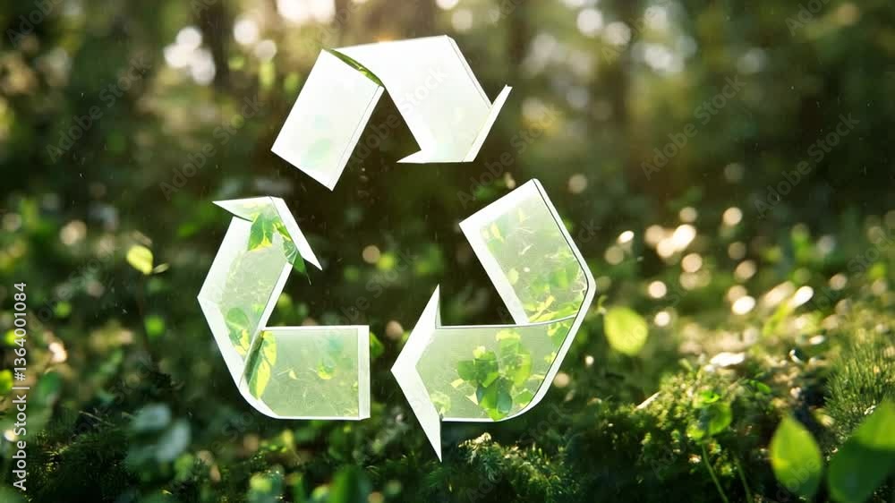 Poster conceptual recycling symbol with green leaves in natural setting generative ai