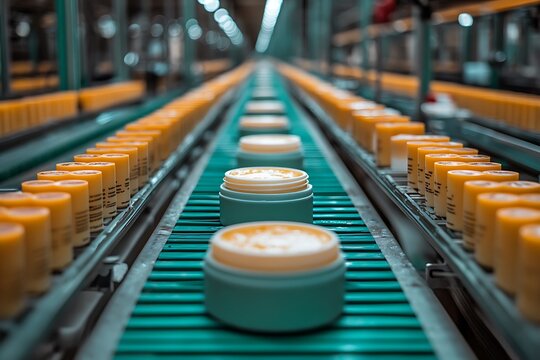 A manufacturing process shows cosmetic products on an assembly line