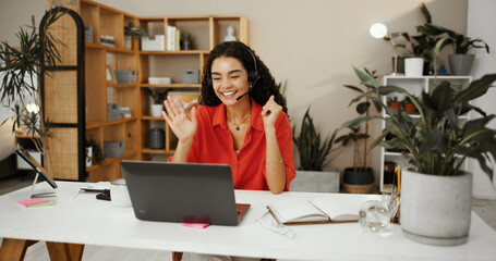 Call centre, virtual meeting and woman with headset, wave and smile for customer service, talking...