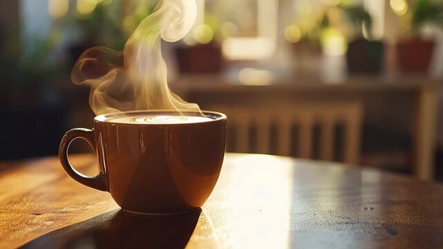 Steaming Coffee Cup with Latte Art on Wooden Table in Cozy Sunlit Indoor Setting with Warm Aesthetic