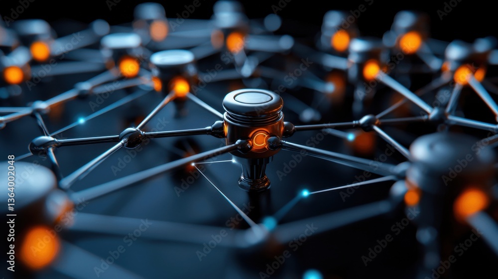Aufkleber A network of glowing spheres is displayed in a black background