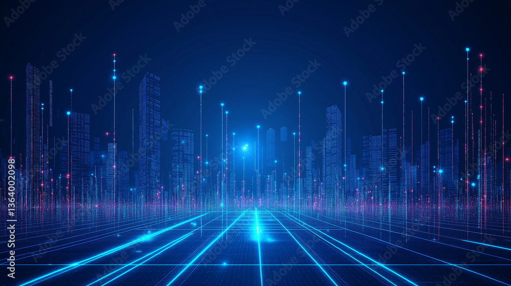 Poster smart city and abstract polygon pattern connection with speed line light, big data connection techno
