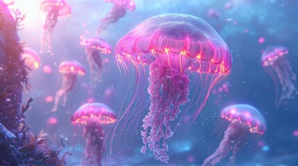 Fototapeta premium Mesmerizing pink jellyfish floating gracefully in a serene bioluminescent underwater landscape surrounded by a tranquil and enchanting atmosphere