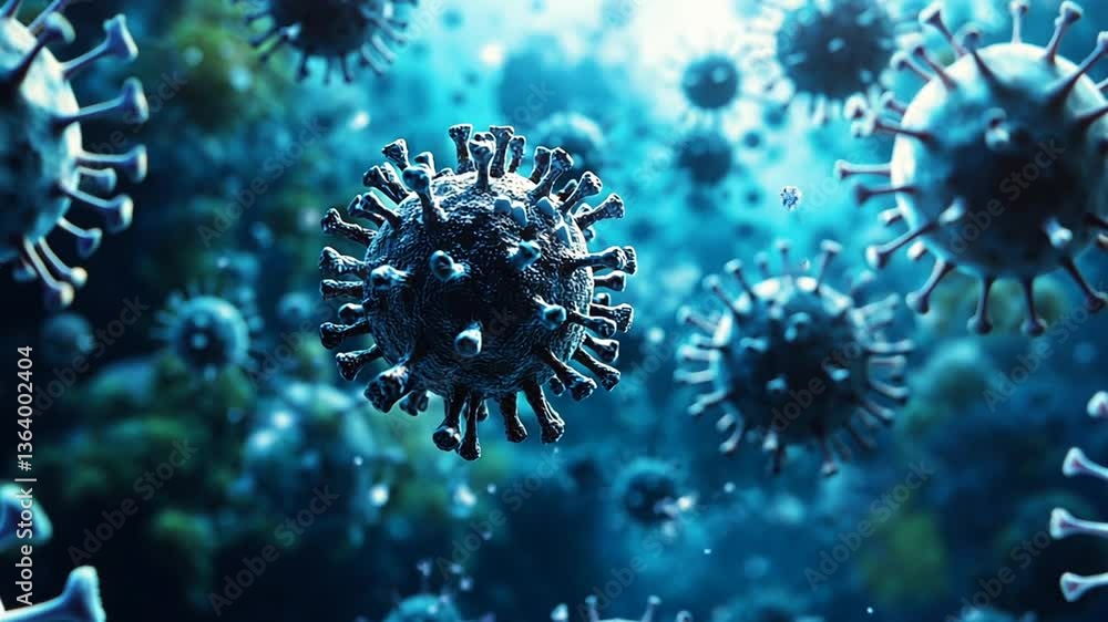 Poster microscopic view of coronavirus particles in a fluid environment generative ai