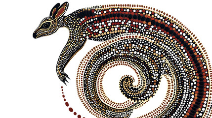 Earth-toned Aboriginal dot painting depicting a kangaroo, with concentric circles and dreamtime tracks. Stark white backdrop
