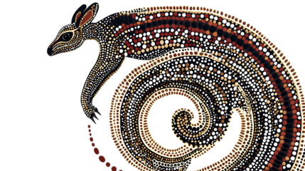 Earth-toned Aboriginal dot painting depicting a kangaroo, with concentric circles and dreamtime tracks. Stark white backdrop