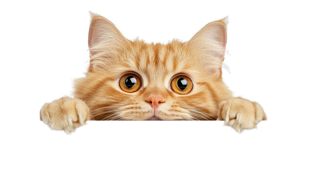 a curious orange tabby cat peeks over a white surface showcasing