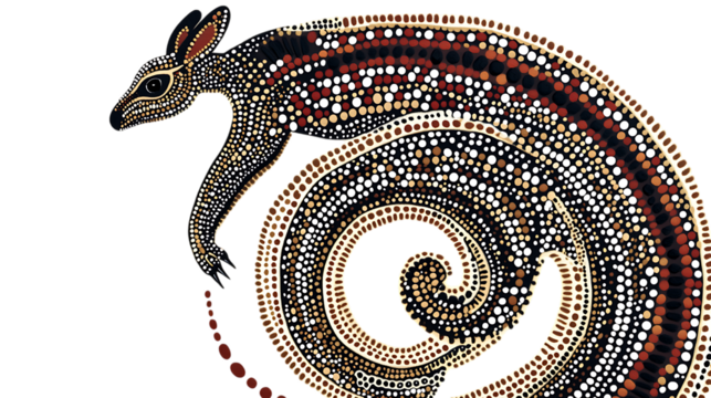 Earth-toned Aboriginal dot painting depicting a kangaroo, with concentric circles and dreamtime tracks. Stark white backdrop