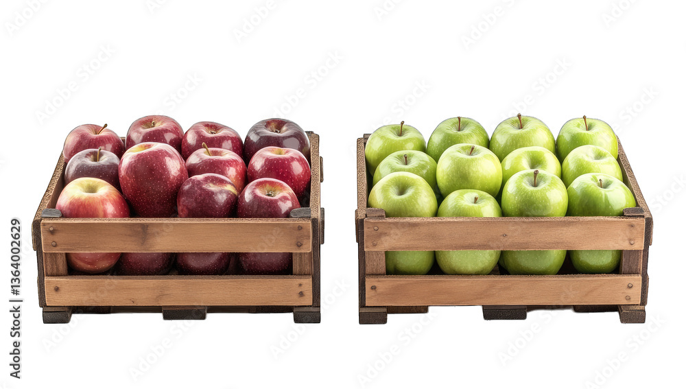 Poster two wooden crates filled with apples; one crate contains red app