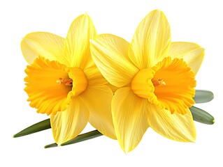 Two yellow daffodils with orange cups and green leaves
