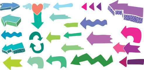 set of cute colorful hand drawn grunge arrows, voluminous arrows, swirl arrow, wavy arrow, arrow with heart