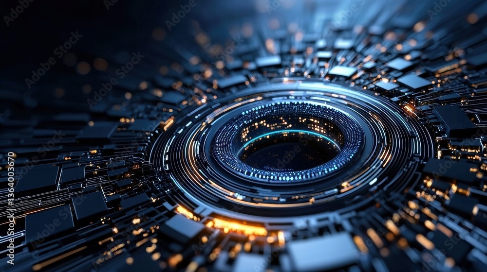 Poster a computer chip with a blue center and orange edges