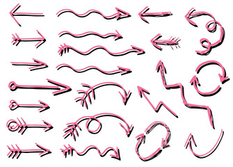 set of pink line arrows with feathers with shadows in grunge style hand drawn, arrows swirl, wavy arrows, growth arrows