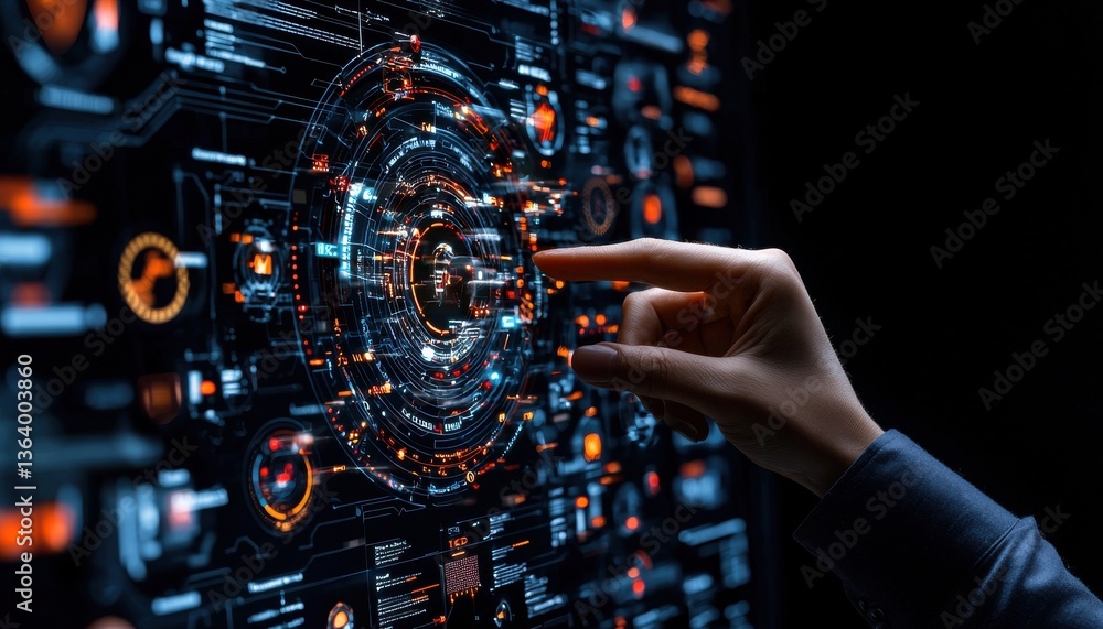 Poster A hand is pointing at a glowing circle on a computer screen