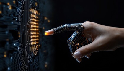 A hand is pointing at a computer screen with a black background