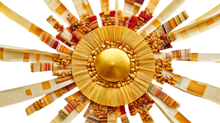 Inti Raymi (Inca Sun God Festival): golden sun disk, Andean textiles, and ceremonial corn arranged geometrically on white