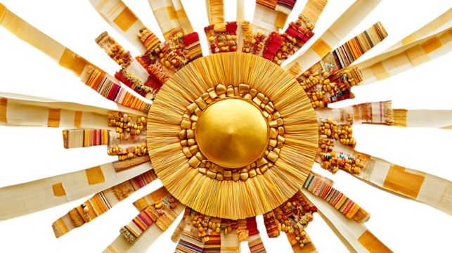 Inti Raymi (Inca Sun God Festival): golden sun disk, Andean textiles, and ceremonial corn arranged geometrically on white