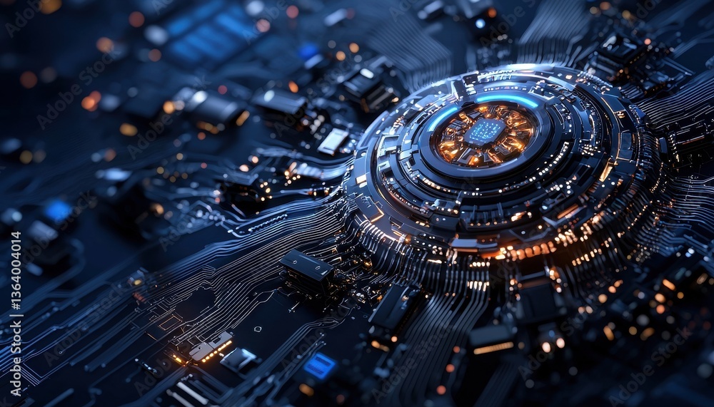 Poster a computer chip with a blue background and a yellow circle in the middle