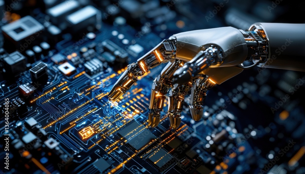 Poster a robot's hand is touching a computer chip