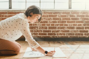 Happy woman writing on a white chart paper on the floor