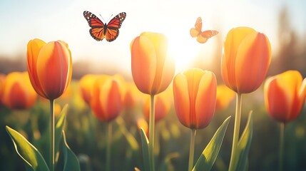 Obraz premium Sunset illuminating orange tulips and butterflies.