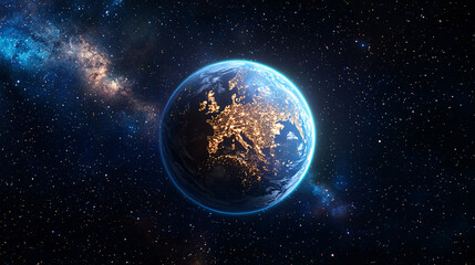 Fototapeta premium Earth from Space Featuring Europe Night City Lights Glowing Against Milky Way Galaxy Background