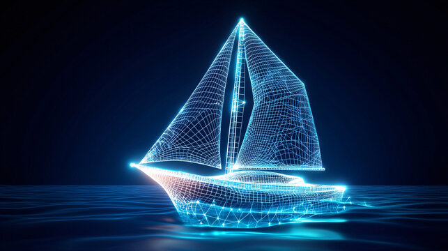 Digital Wireframe Sailboat Floating on Water Surface in Cyber Style on a Dark Background